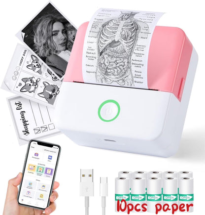 SLOK Thermal Mini Printer, Portable Inkless Bluetooth Sticker Maker with 10 Rolls Paper, Pink