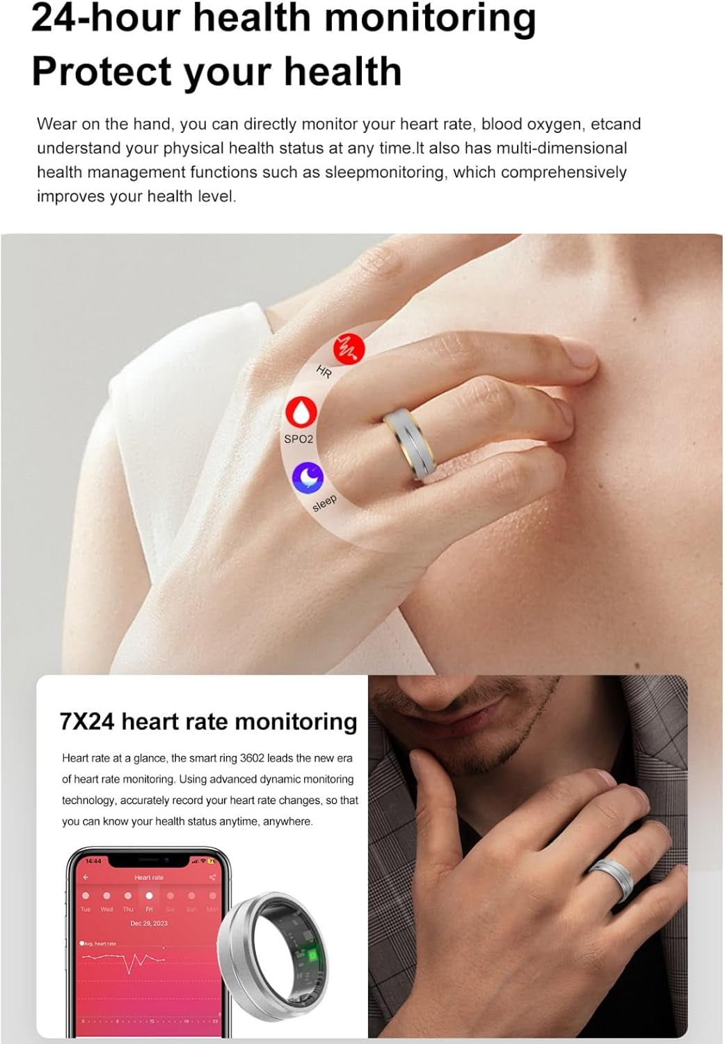 Smart Fitness Tracker for Men and Women, Heart Rate & Blood Oxygen Monitor & Sleep Monitoring, Remote Selfie Control, Waterproof Wearable Smart Ring (8)