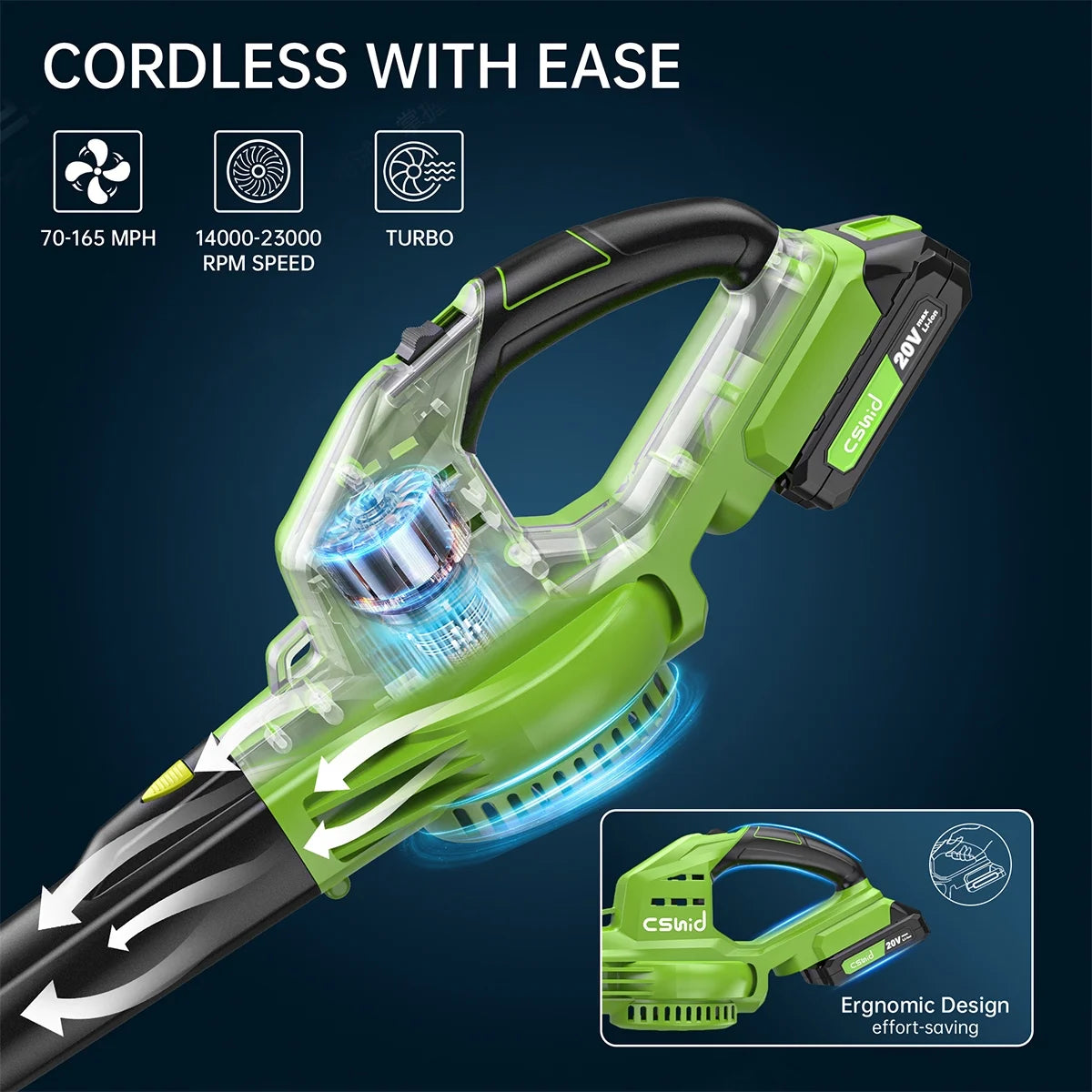 BEST Leaf Blower, 20V Cordless Leaf Blower with 2 X 2.0 Ah Battery & Charger, Electric Leaf Blower for Lawn Care, 2 Speed Mode, 320CFM 165MPH Battery Powered Leaf Blower for Patio, Garden Cleaning